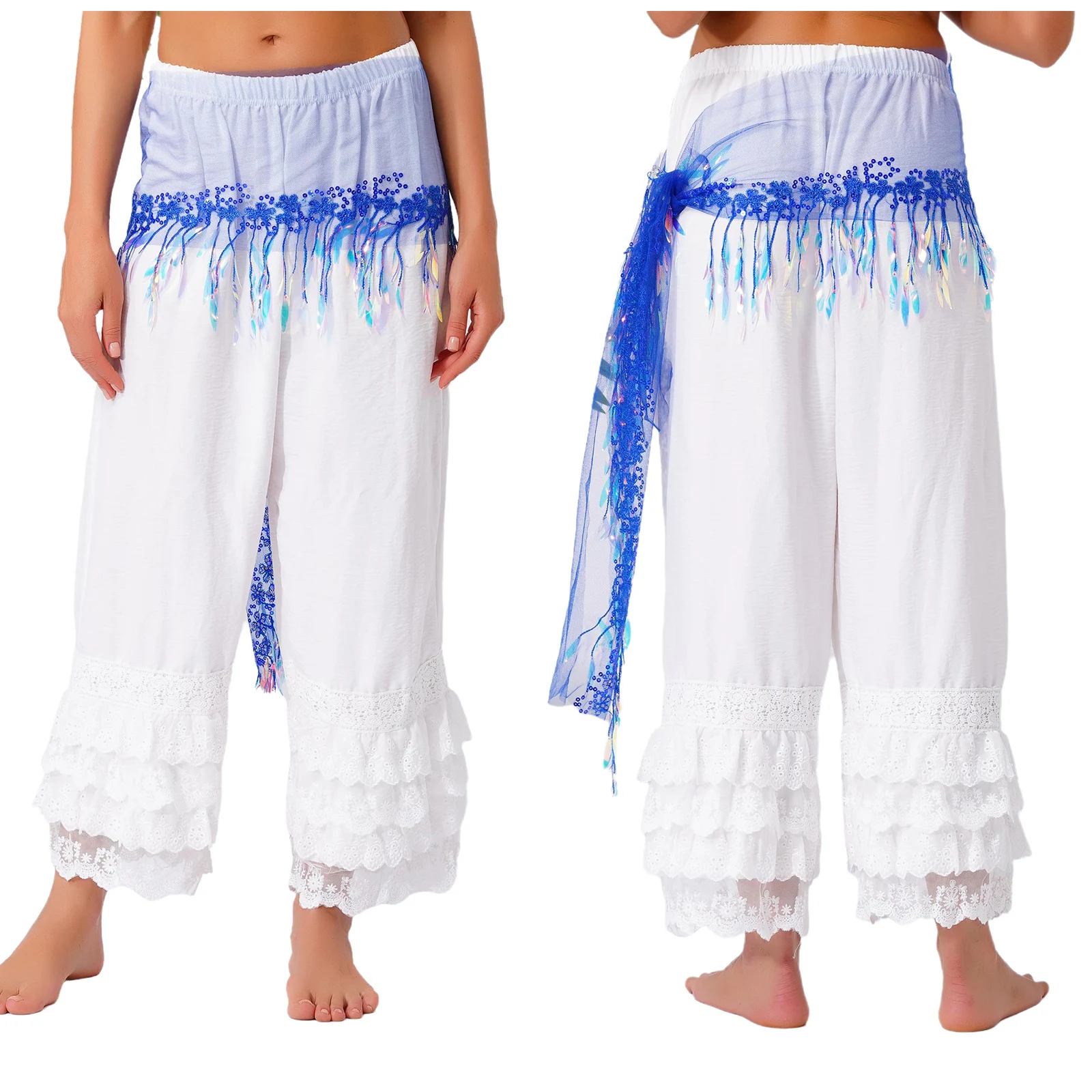

Women's Belly Dance Hip Scarf Embroidered Trim Sheer Mesh with Willow Leaf Shaped Tassel Lace-up Skirt Oriental Dance Costume
