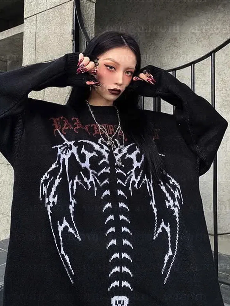 AltGoth Harajuku Cyber Y2k gotycki sweter damski Streetwear Grunge Emo Alt szkielet luźne z dzianiny w stylu Casual swetry z długim rękawem