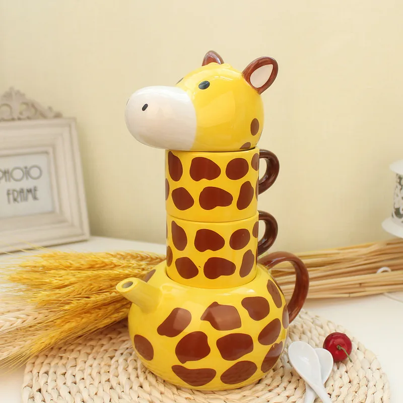 Criativo girafa forma cerâmica copo conjunto bonito dos desenhos animados animal leite caneca de café casa alta capacidade bule casal par copos presentes