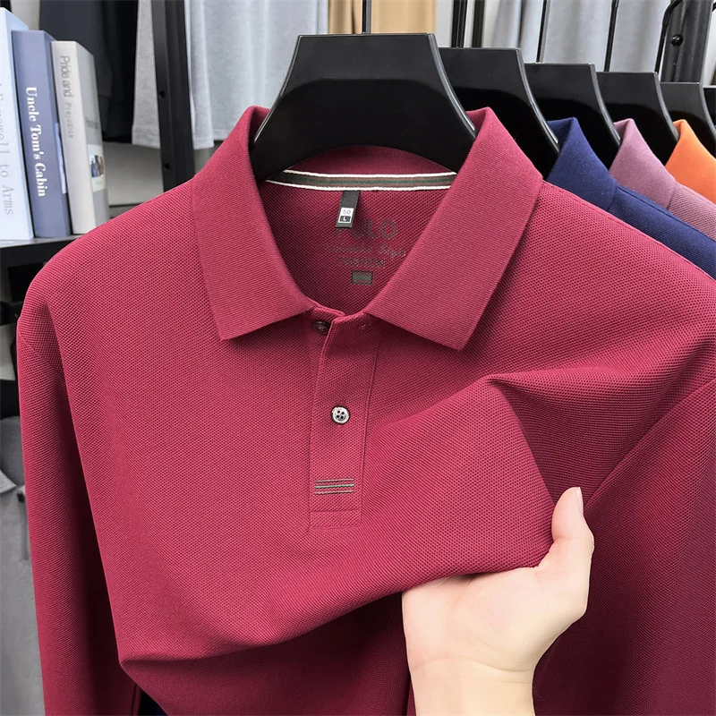 100%Cotton Men Long-Sleeve Polo Shirt Lapel Button Back Letter Print Autumn Winter Versatile Comfortable Business CasualMenswear