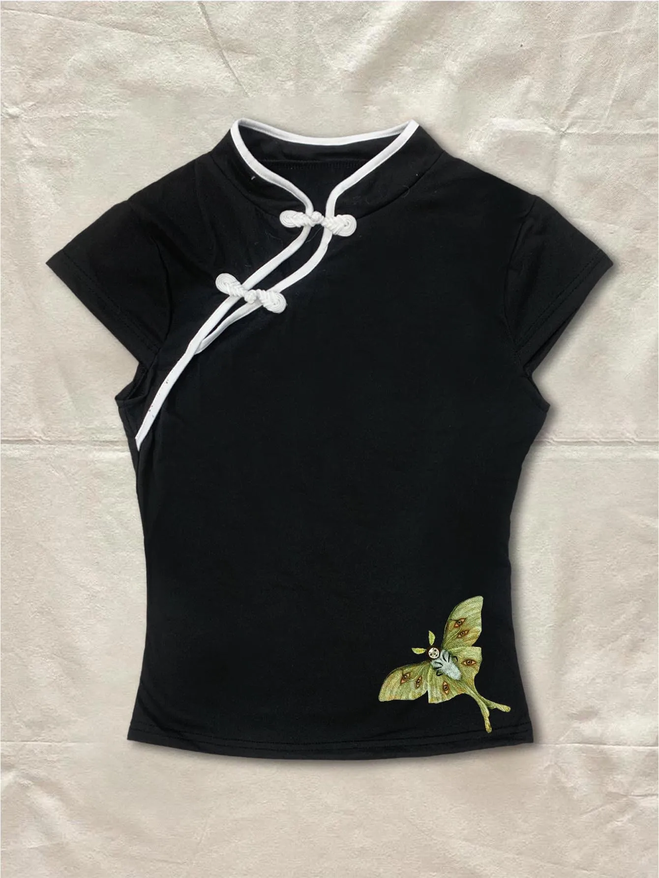 Coquette Cami Top Women Black Luna Moth Graphic Qipao Inspired Mandarin Collar Knot Detail Short Sleeve Fitted Top 2026