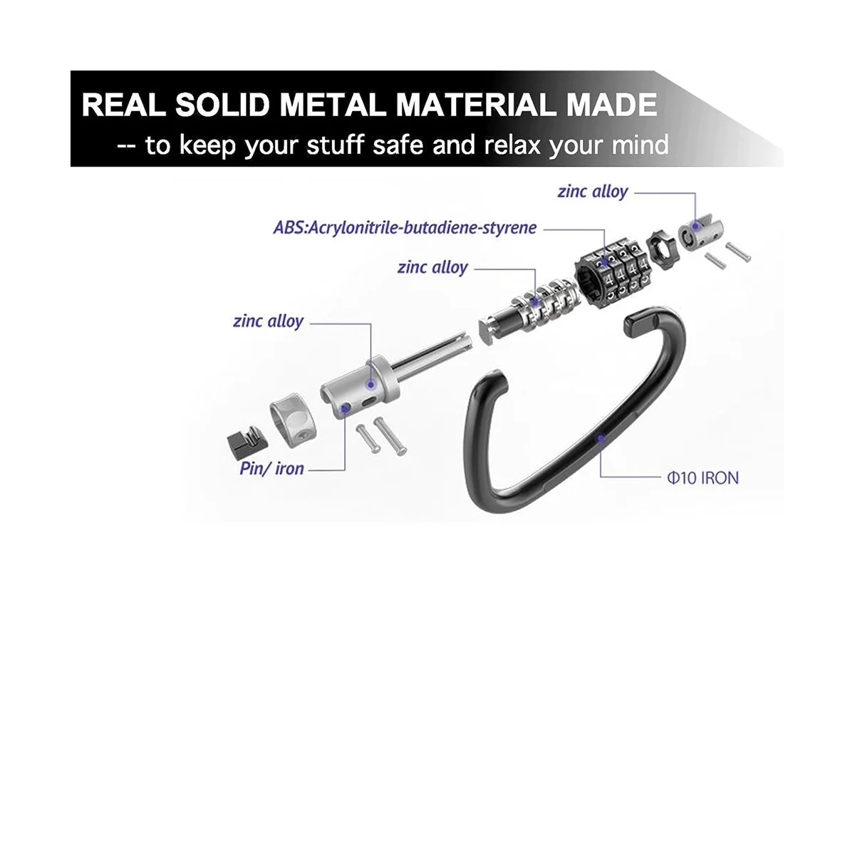 カラビナクリップ付きコンビネーションロック、頑丈、D字型コード、ループバイク用ロック、セキュリティケーブルロック、4桁