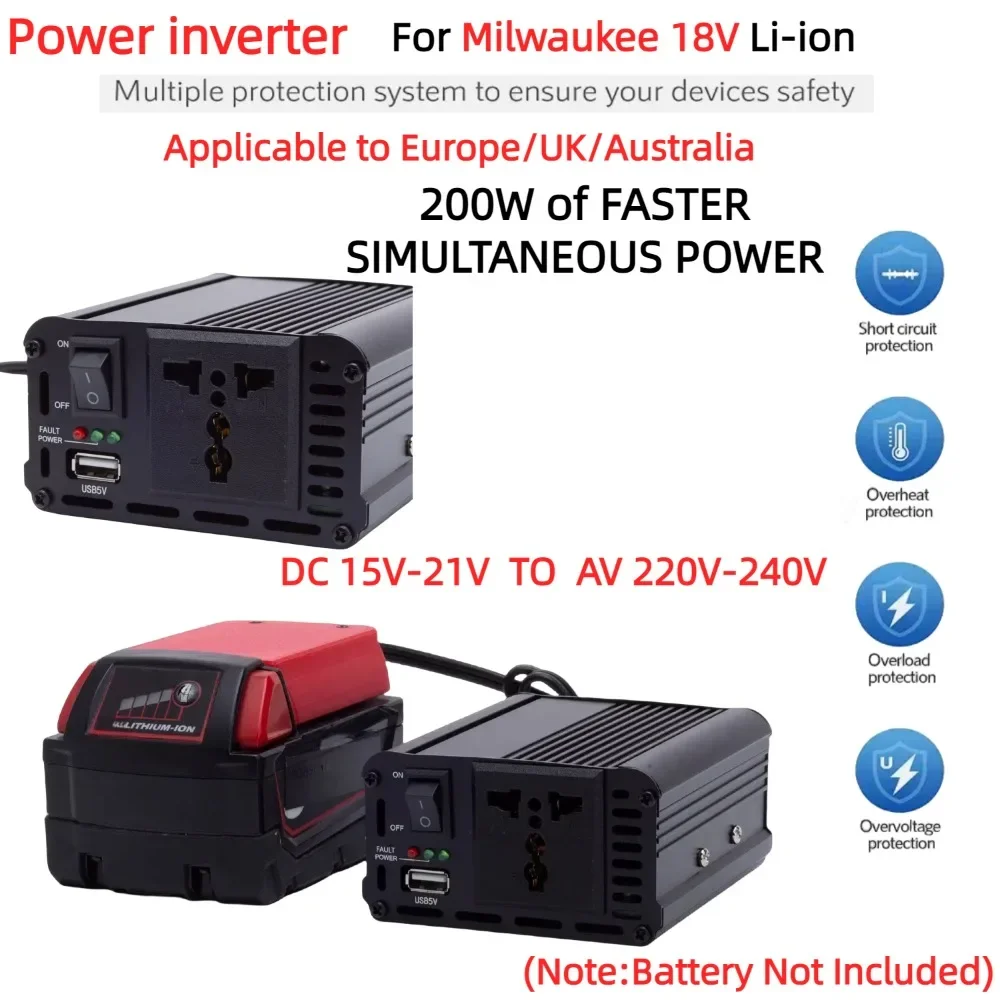 200W Portable Power Inverter Outlet Adapter for Milwaukee 18V Lithium Ion ,DC 18V To AC 220V Powered with USB 5V 2.4A