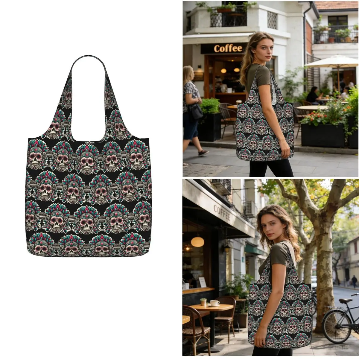 Aztec Skull With Plume Shopping Tote Bag Canvas Large Capacity Shoulder Bags Shopper Grocery Handbag for Women