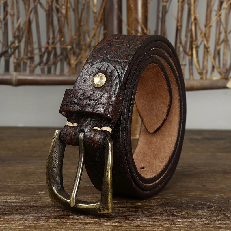 3.8cm/1.5'' Men's Thickened Leather Belt Tree Patterns First Layer Leather Brass Buckle Western Cowboy Wild Style Waist Belt