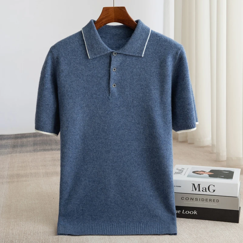 Autumn And Winter 100% Pure Wool Short-Sleeved Sweater Men's Casual Knitted Half-Sleeved Shirt Loose Polo Collar