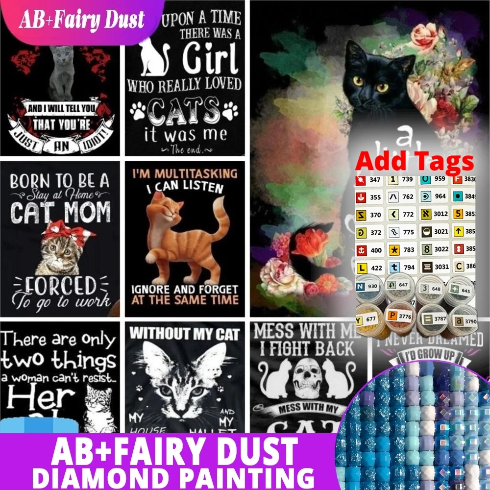 

С наклейкой с символом AB, сказочная пыль, алмазная живопись, цитаты котенка, забавные кошки, мяу, полная квадратная круглая вышивка, наборы мозаики, текст H