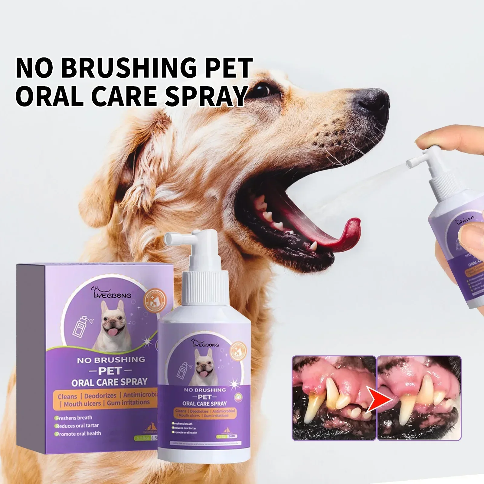 Yegbong Dog and Cat Teeth Cleaning Spray for Pet Oral Cleansing to Remove Dental Stains and Odors, Refreshing Breath