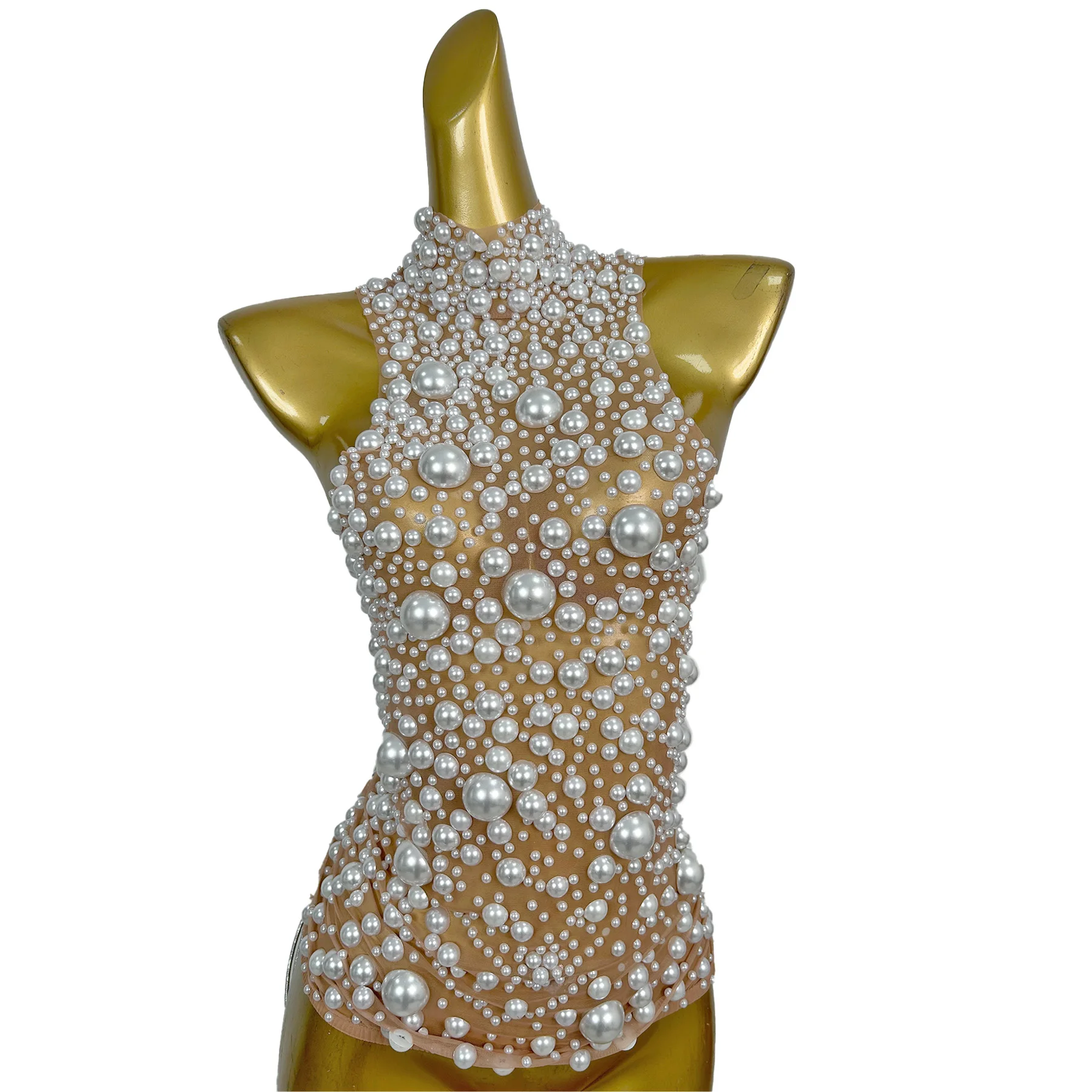 Sexy Sleeveless See Through Pearl Vest Tops Plus Size Women Bodycon Club Party Short Tank Tops DJ Singer Corset Festival Outfits