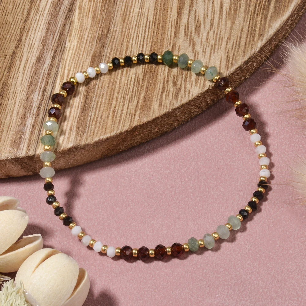 Four Kinds of Natural Stones Garnet Green Aventurine Black Spinel and Moonstone Faceted Rondelles Stretchable Bohemian Bracelet