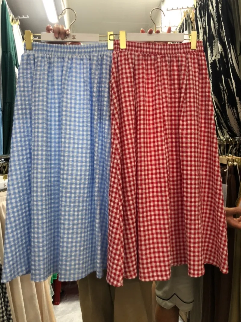 

Miiiix Korean Academy Age Reducing Retro Cotton and Hemp Checkered Half Skirt Women's Spring/Summer A-line Mid Length Skirts