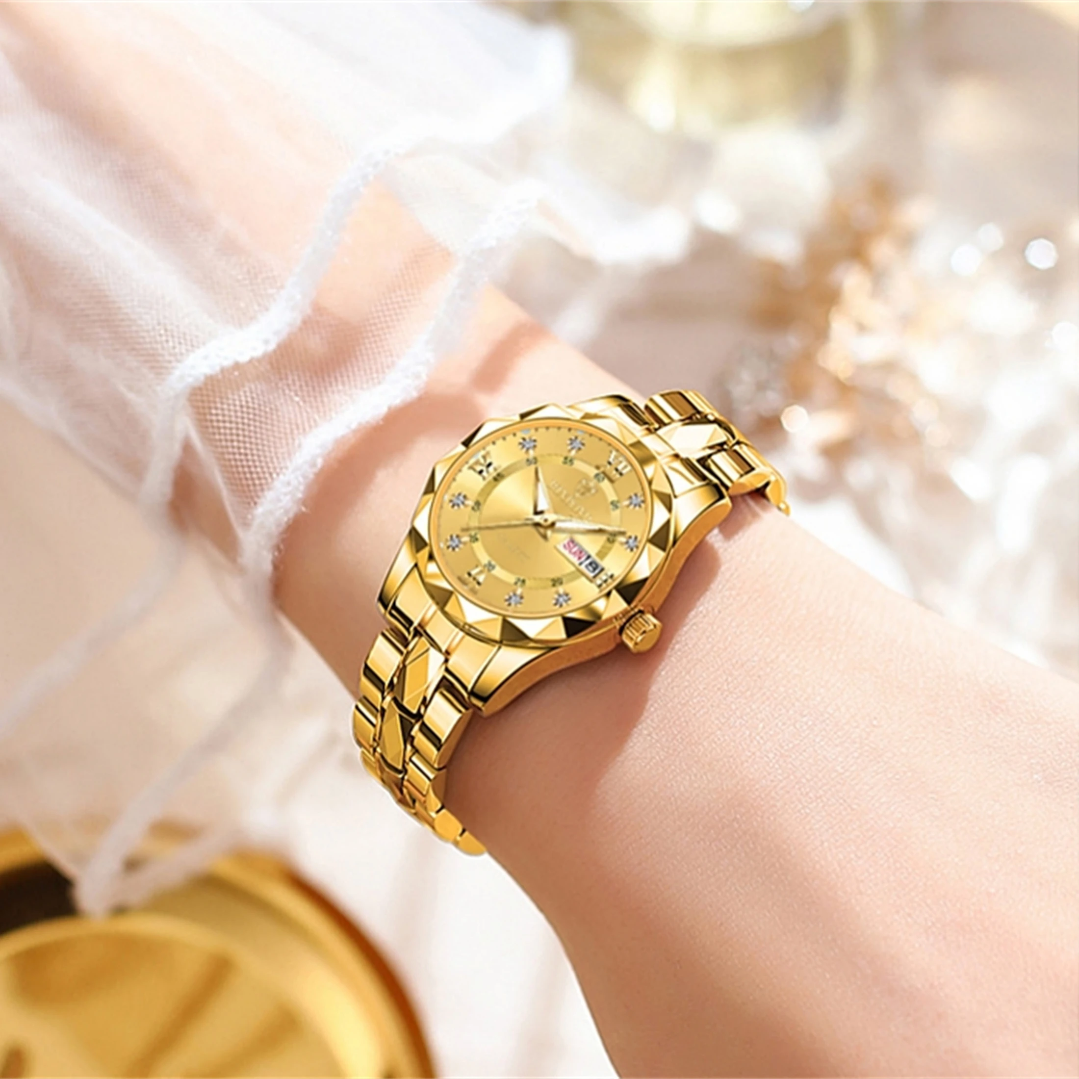 Elegant Watch Women\'s Watch 30M Waterproof Calendar Date Rhinestone Stainless Steel Watchband Ladies Gold Quartz Watch Gift 2521