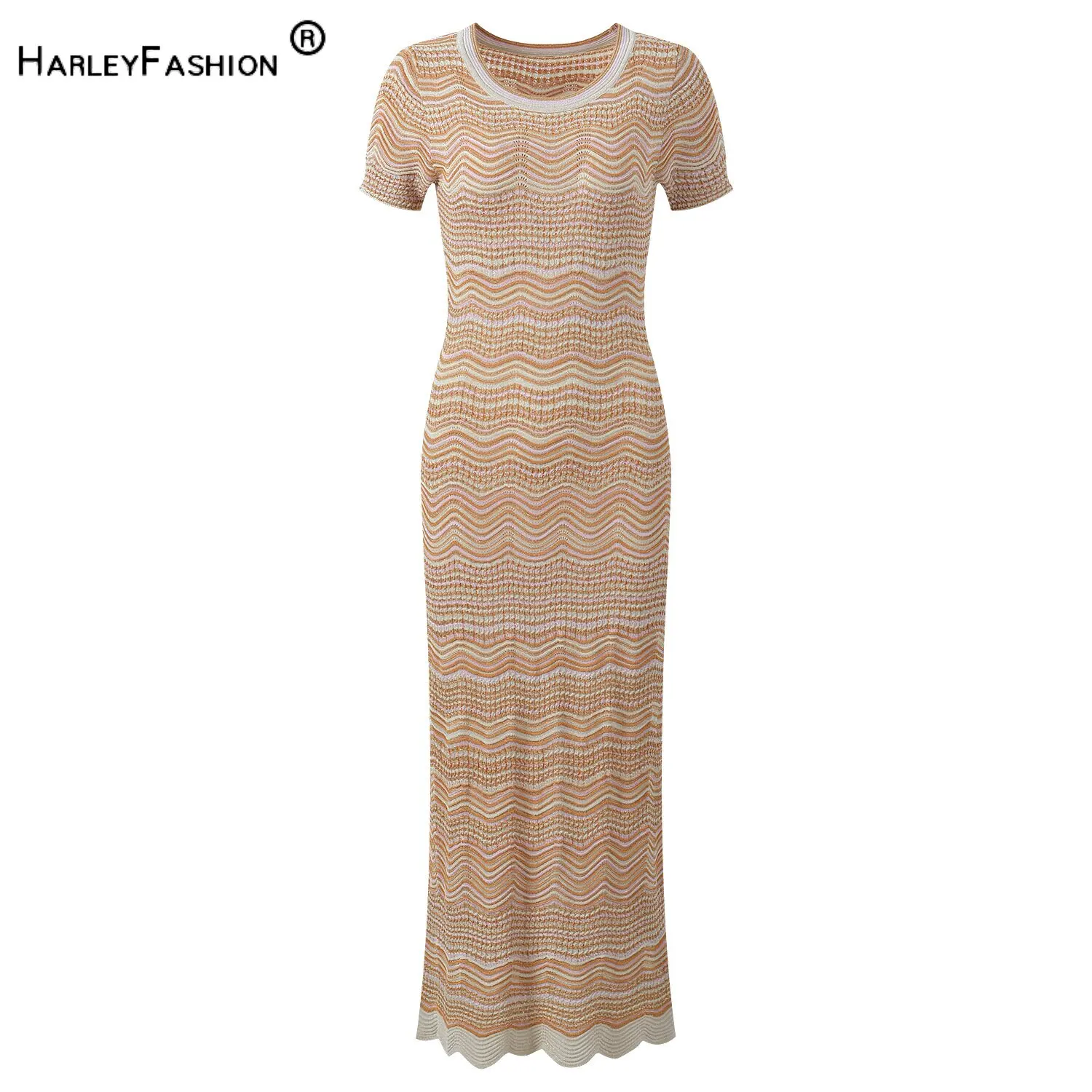 

2026 Summer Lady Elegant Style Fashion Wear O-neck Short Sleeve Striped Wavy Knits Slim Fitted Long Dress For Women
