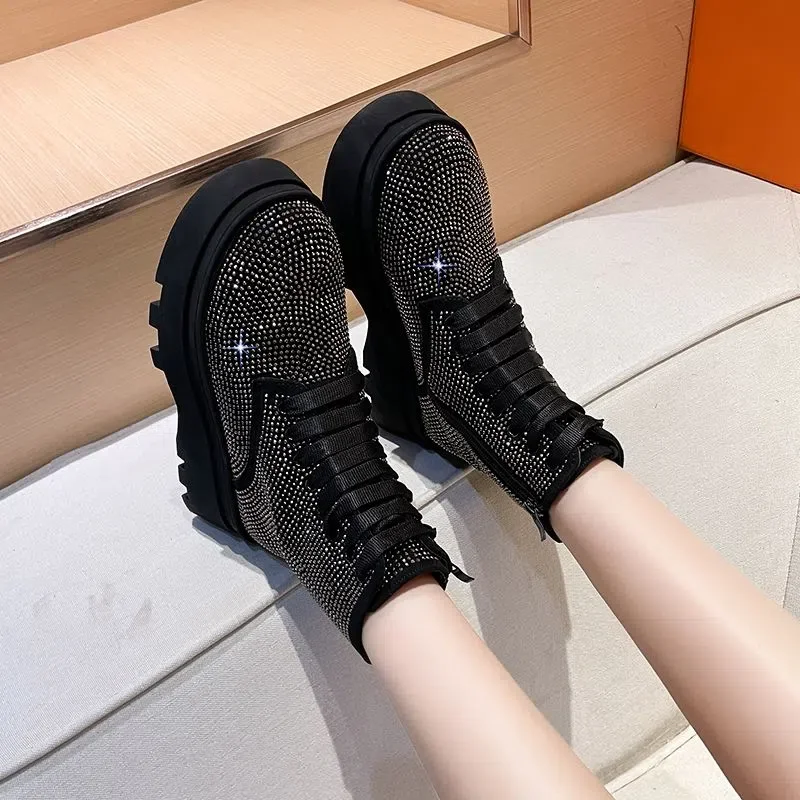 New Fashion Bling Crystal Chunky Ankle Boots for Women Luxury Rhinestones Winter Shoes Woman Thick Bottom Platform 2022 Spring