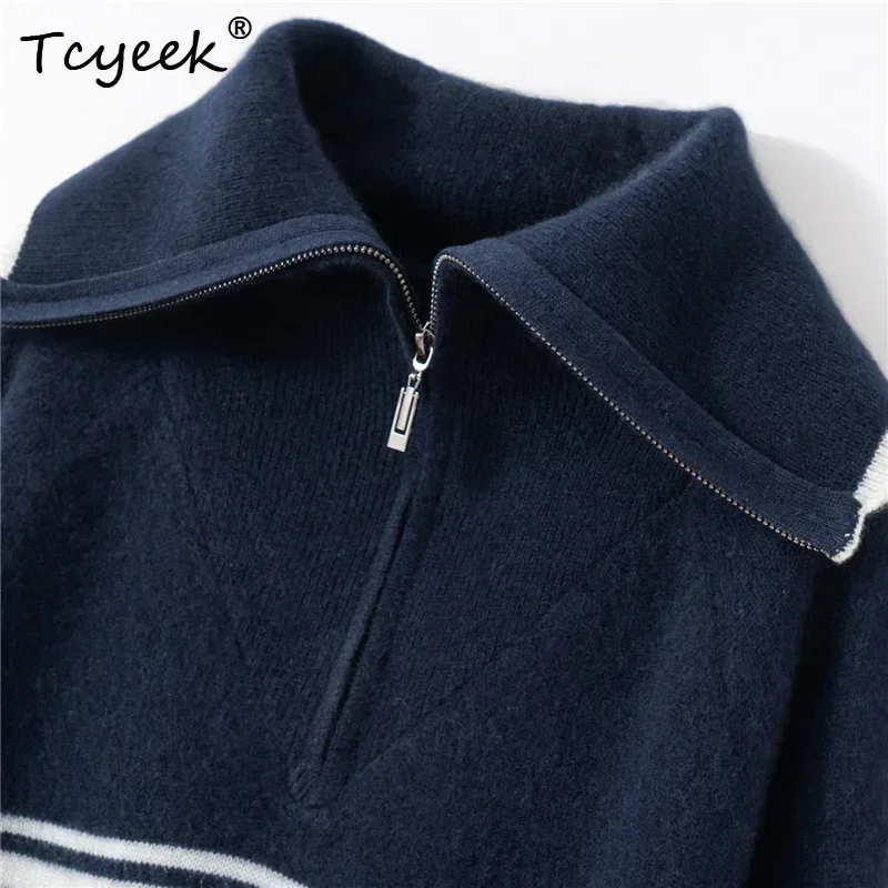 Sailor Collar Women Sweater Pullover Casual Cardigan 100% Cashmere Sweater Autumn Winter Pullover Raglan Sleeves Zip Neck Pocket
