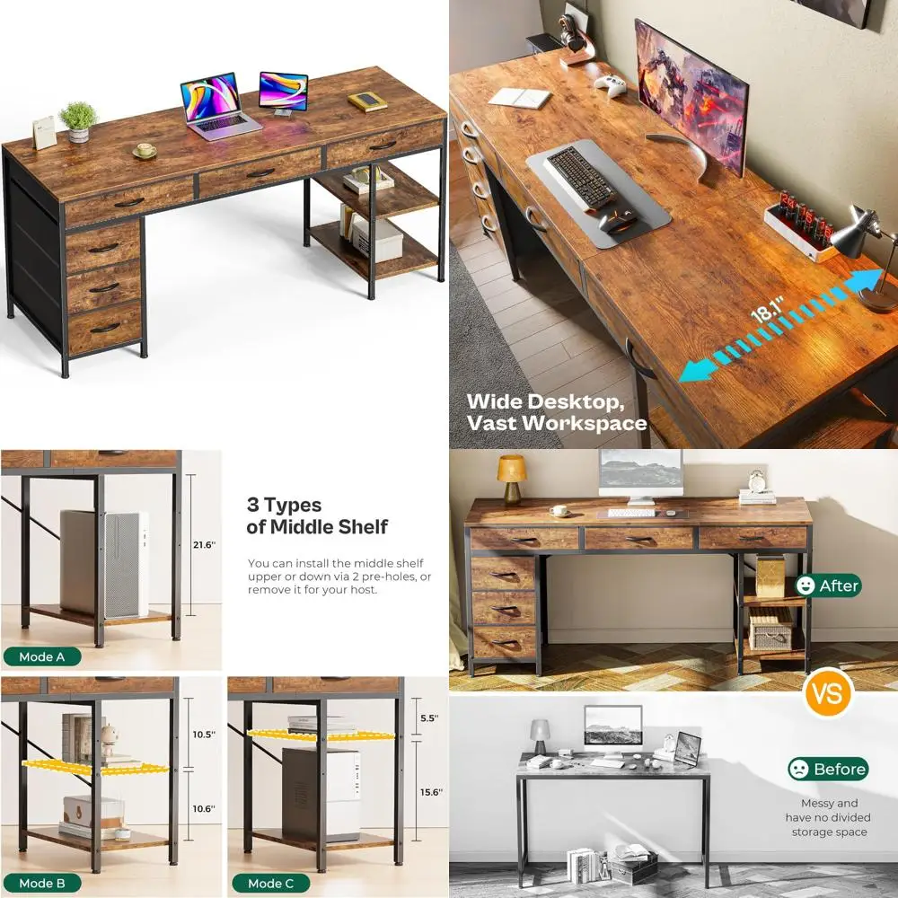 مكتب مكتب واسع 63 مع 6 أدراج، وحدة تخزين زاوية، وتصميم قابل للعكس للاستخدام المنزلي #1