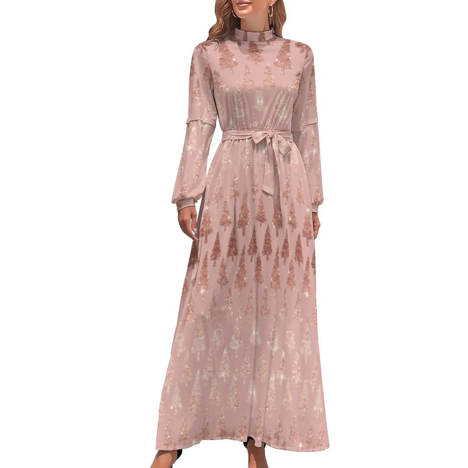 Elegant Rose Gold Metallic Dress Glitter Pink Mauve Xmas Trees Retro Beach Dresses Long Sleeve High Waist Kawaii Long Maxi Dress