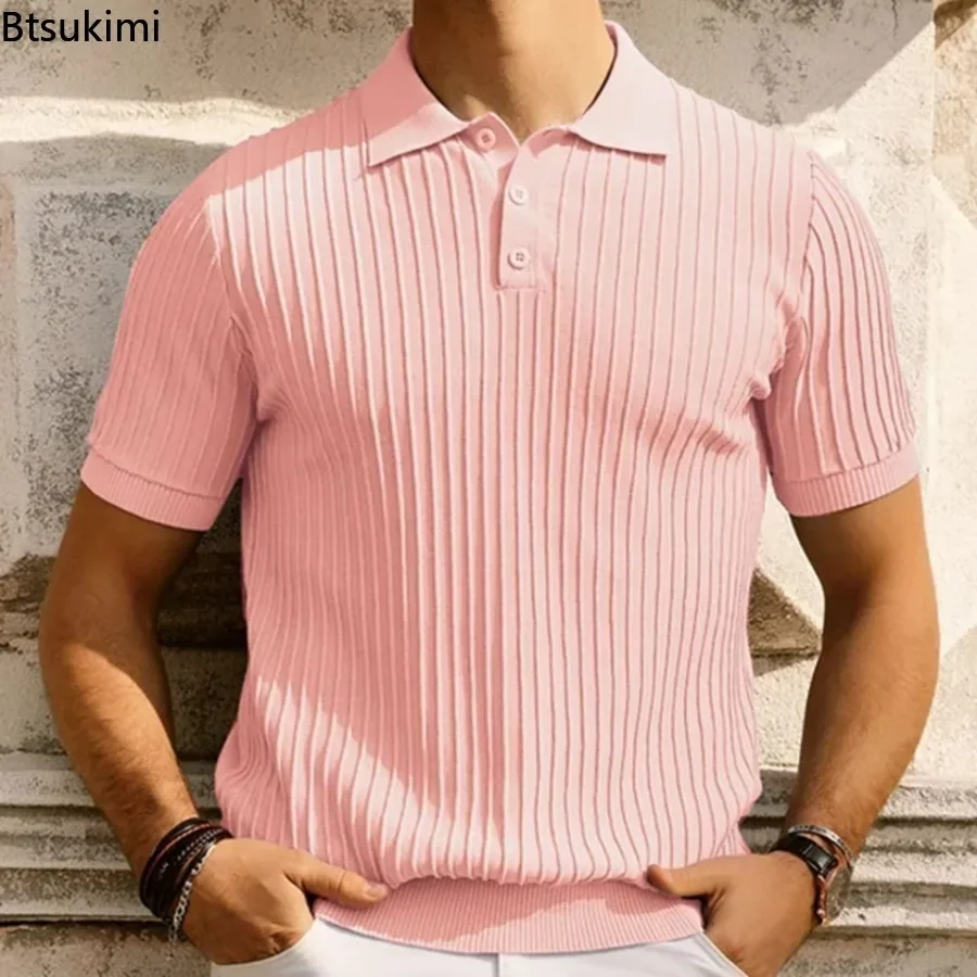 

Summer New Men's Candy Color Knitwear Fashion Short Sleeve Solid Striped Knit Polo Shirts Men Business Casual Golf Knitted Tops