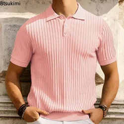 Summer New Men's Candy Color Knitwear Fashion Short Sleeve Solid Striped Knit Polo Shirts Men Business Casual Golf Knitted Tops