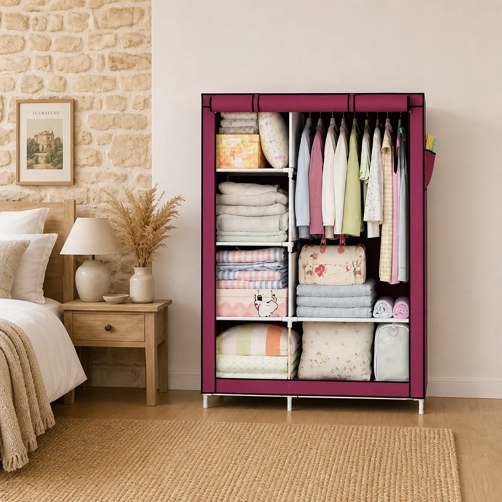 Sturdy Large Capacity Fabric Wardrobe with Side Pockets, Easy Assemble Non-Woven Clothes Organizer for Rental Home