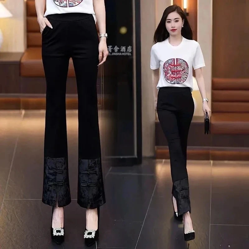 

Ladies Embroidery Micro Flared Pants Spring Summer High Waisted Leisure Women's Elegant Nine Points Straight Leg Suit Pants 4XL