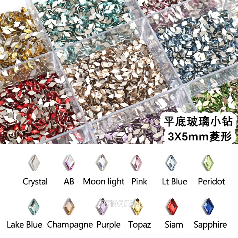 Rhombus 3x5MM Mini Flat Back Glass Crysta Nail Art Rhinestones 12Color For DIY Manicure Decoration Diamond 100Pcs