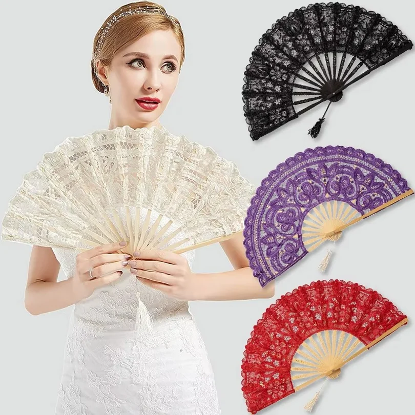 Lace Folding Fan with Tassel Hollow Ribs Elegant Vintage Style Trim Handheld Fan with TasselPendant for Wedding Party Home Decor