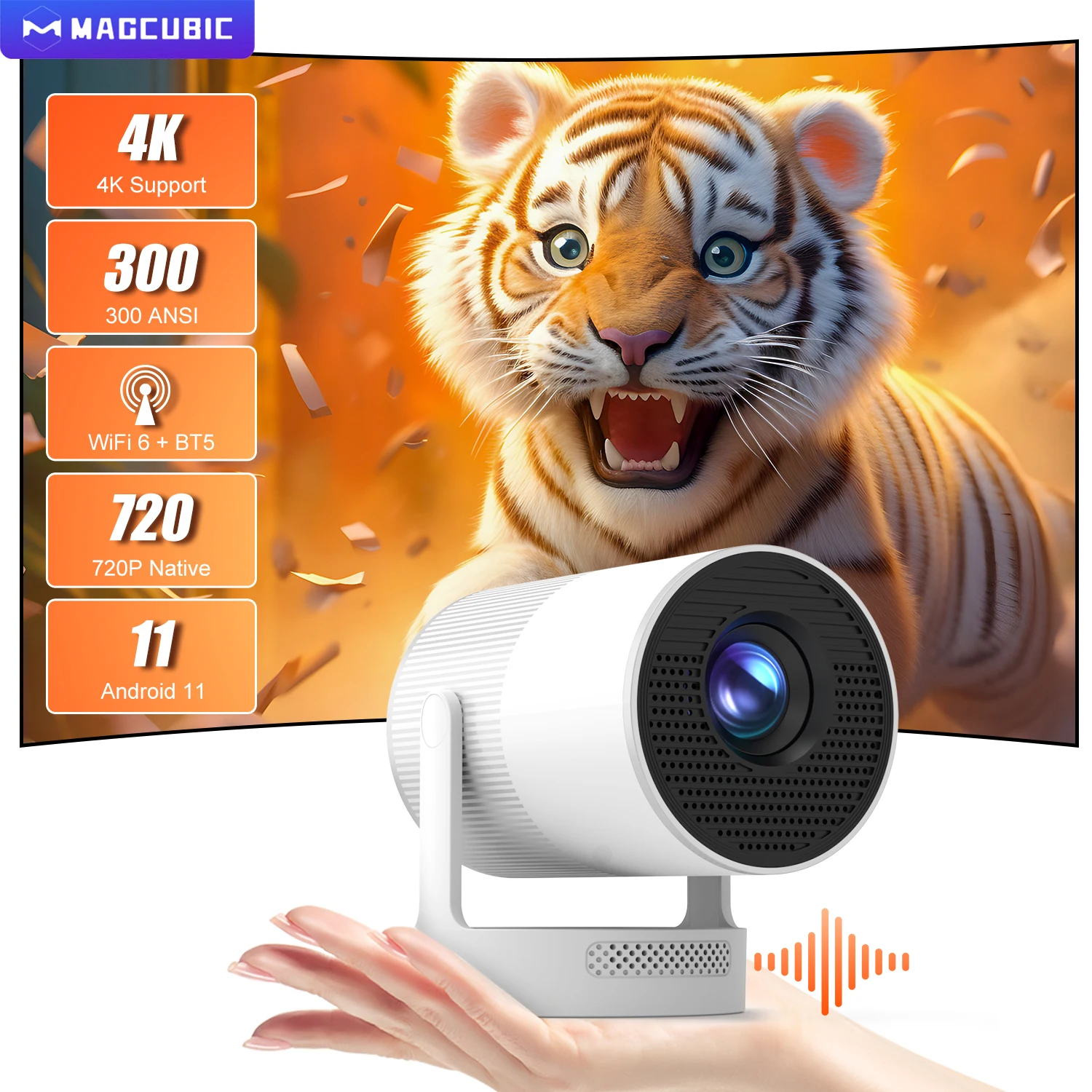 Mini Proyector Portátil Magcubic 4K HY300 Ultra, 300ANSI con Altavoz, Enfoque Electrónico, BT5.4, Proyector para Exteriores para Regalos