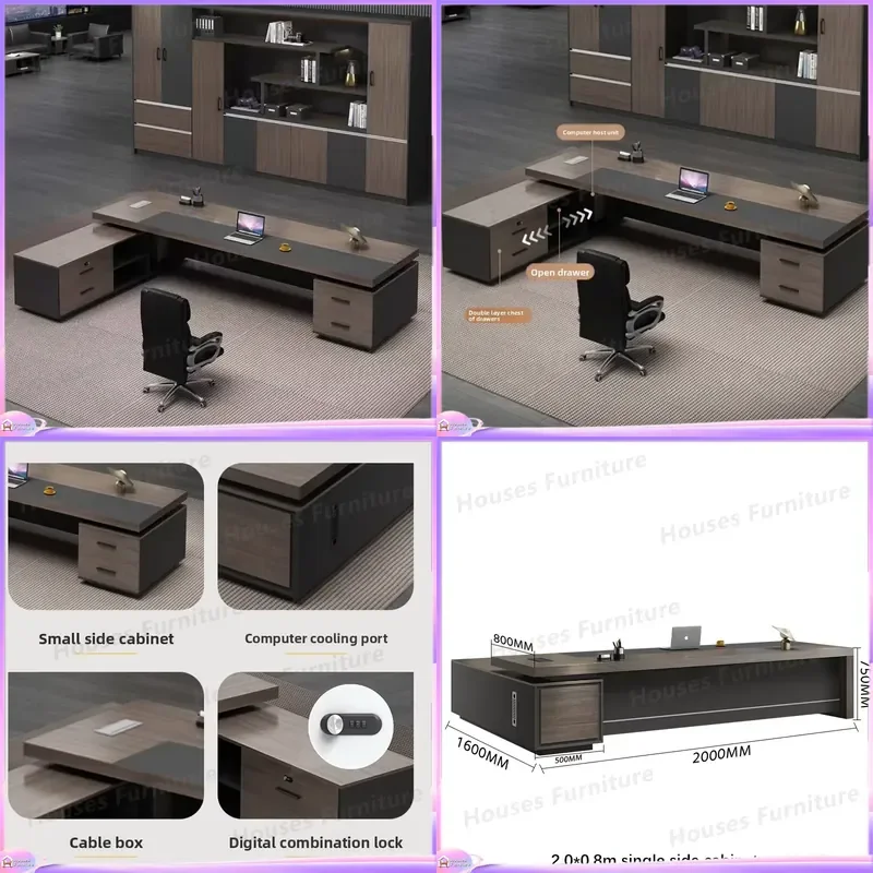 Modern L Shaped Wooden Office Desk with Side Cabinet and Lock Durable Executive Manager Table Commercial Workstation Cable