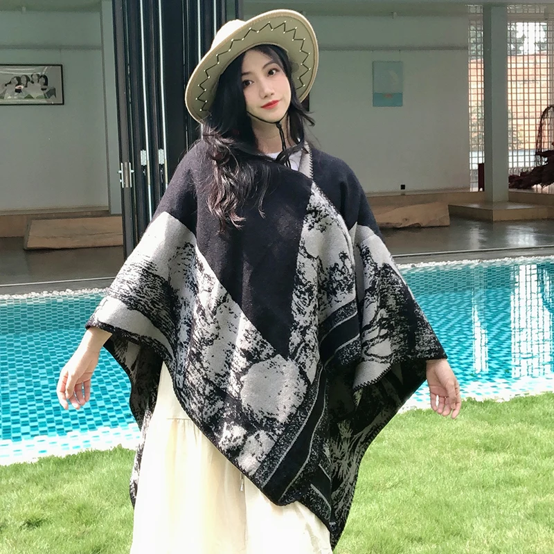 Black And White Poncho Africa Safari Animal Pattern Classical Star Jacquard Cape Acrylic Cashmere Coats Winter Scarf Wraps Shawl