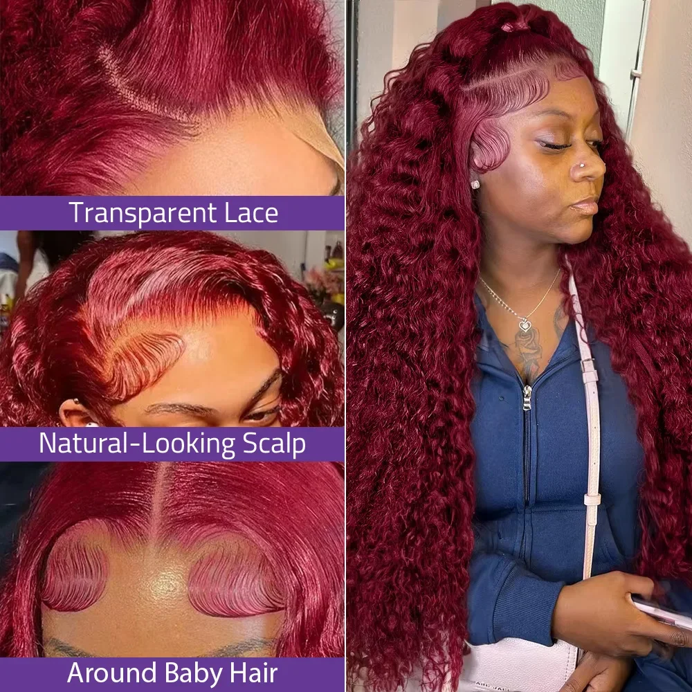 Burgundy 99J Deep Wave 13x4 Lace Front Human Hair Wig For Women 220% Density 13x6 HD Transparent Lace Frontal Curly Wigs Pre Plucked