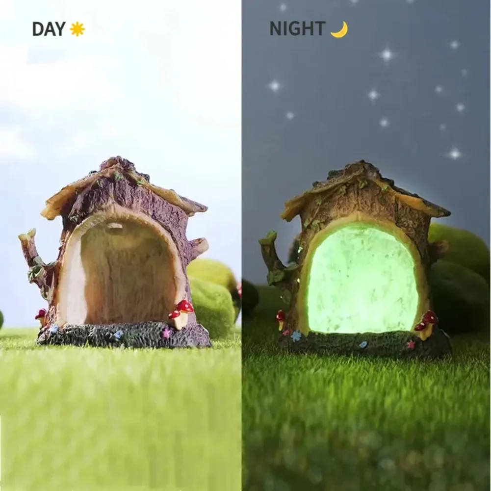 Glowing Mini Tree House Micro Landscape Tree Hole Statue Desk Decoration Pastoral Tree Stump Figurines Desk Decoration