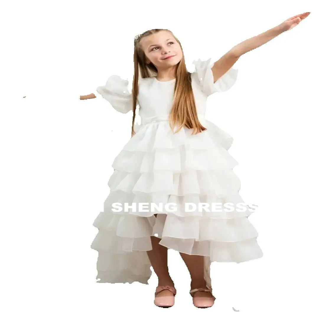 فساتين فتاة الزهور من الساتان الأبيض مخصصة مع فيونكة تنورة عالية ومنخفضة بأكمام قصيرة لحفلات الزفاف وأعياد الميلاد والمناولة الأولى