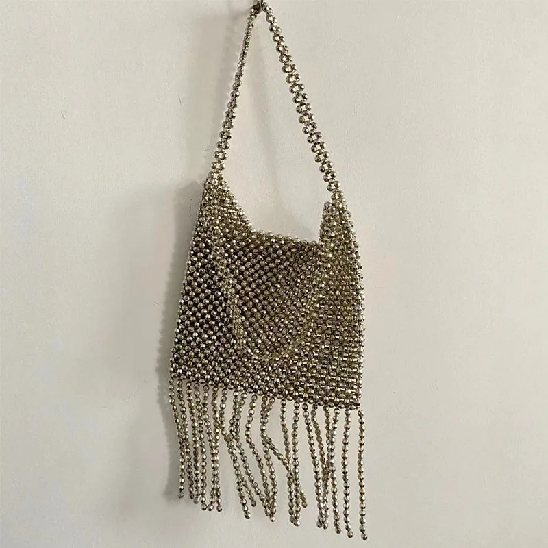 Bolso con asa y cuentas plateadas para mujer, bolsa de hombro hecha a mano para fiesta, cena y noche, verano, 2023