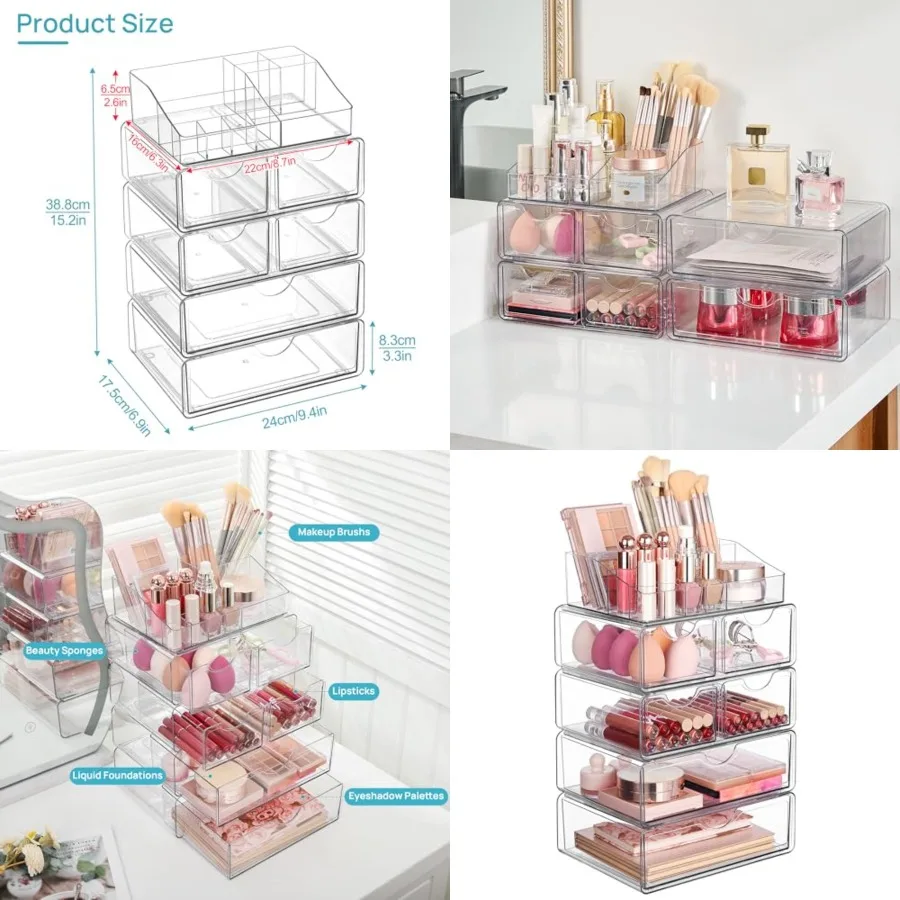 

Clear Makeup Organizer with Drawer, Cosmetic Storage for Dresser Countertop and Bathroom Vanity, Beauty Holder for Lipstick Bru