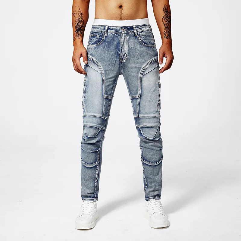 Locomotive Fashion Jeans, Blue Trendy Splicing Men's Jeans, Premium Gray Polished White Jeans Men's