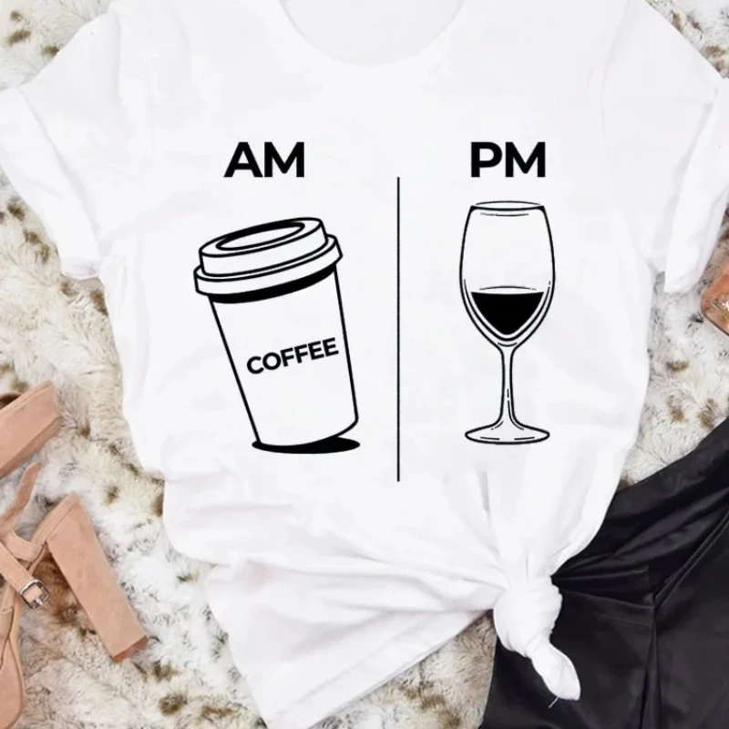 AM Coffee PM Red Wine T-Shirt Casual Short Sleeve Y2k Tops Women\'s Clothing Simple Design Fashion Harajuku White Graphic Tees