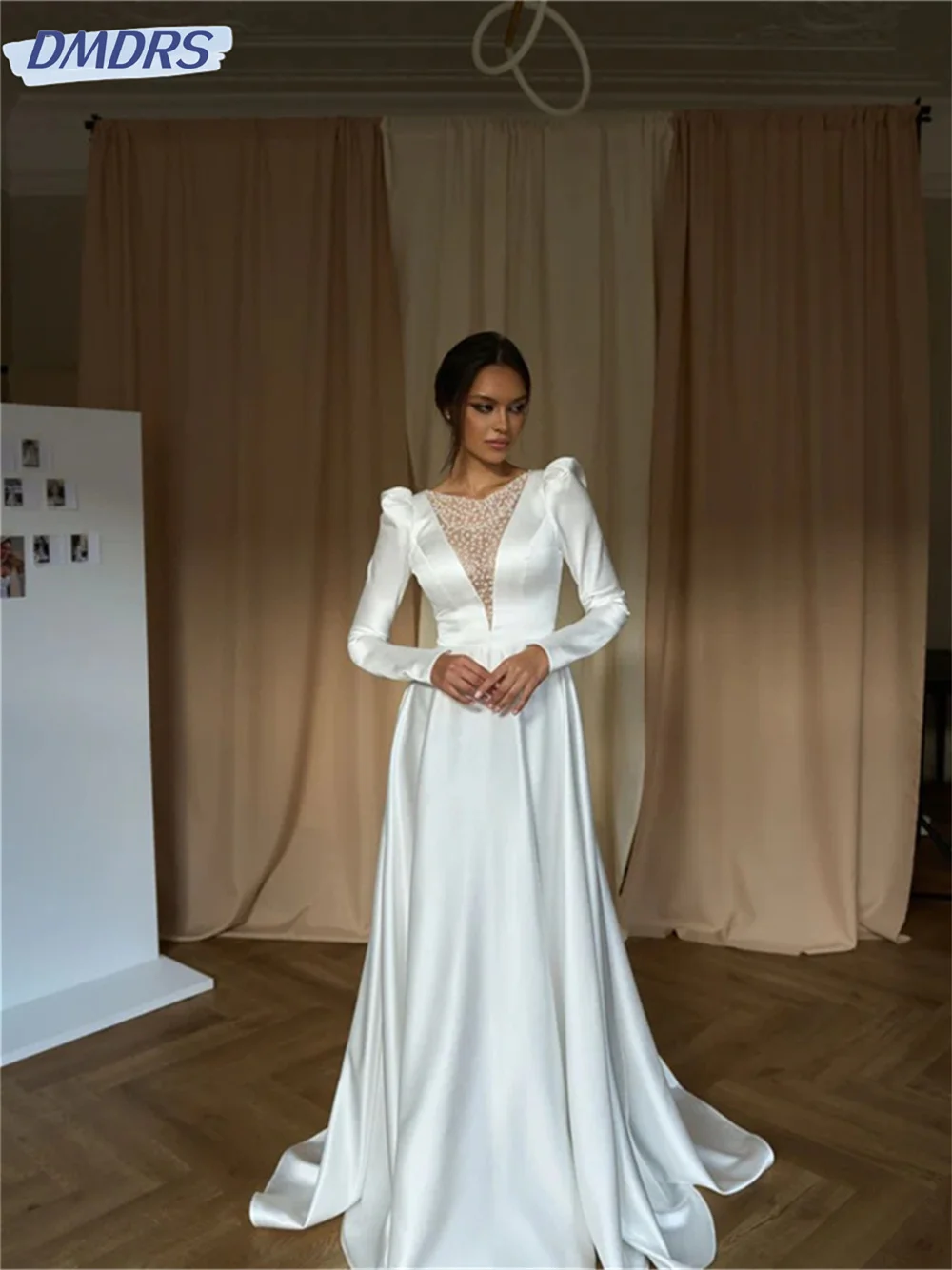 Simple Long Sleeve Wedding Dress 2024 Graceful Satin Bride Gown Luxurious A-line Floor-Length Bride Robe Vestidos De Novia