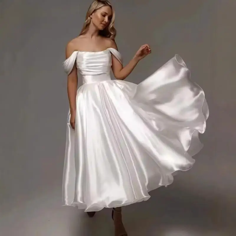 Customized Simple Short Lace Strapless A-line Wedding Dresses Off The Shoulder Backless Banquet Sweet Beach Gown
