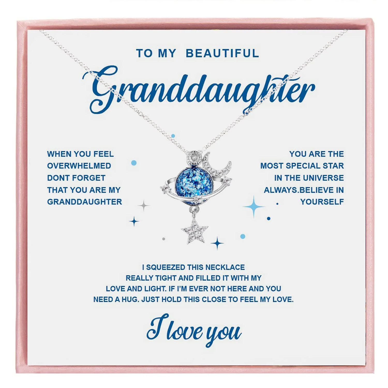 To My Beautiful Daughter Granddaughter Stars & Moon Universe Necklace Special Star Cubic-Zirconia Sapphires Pendant Necklace