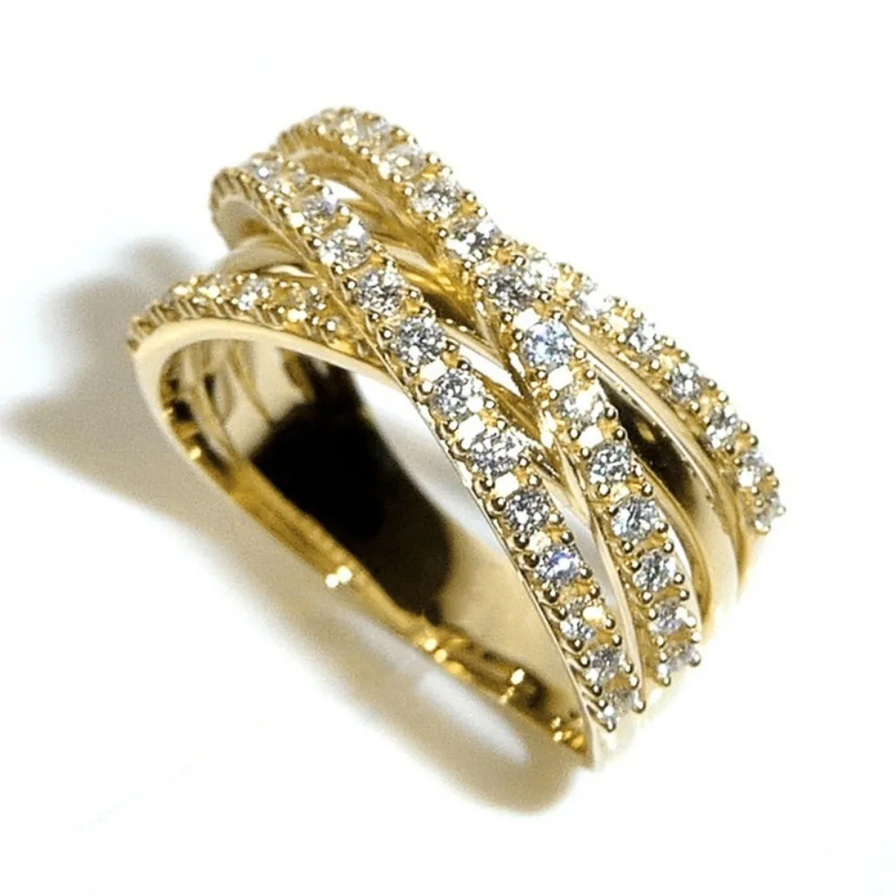 Personality Fashion Gold Color Multiple Intersecting Lines Micro-inlay 5A Zircon Geometry Finger Rings for Women Banquet Jewelry