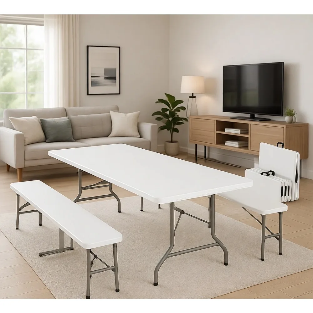 Picnic Table Set with 2 Benches, 6 Feet Folding Furniture, Suitable for Indoor and Outdoor Use, Smooth White Tabletop