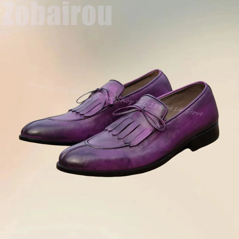 

Purple Tassels Bow Knot Matte Leather Loafers Fashion Slip On Men Shoes Luxurious Handmade Party Feast Banquet Men Dress Shoes