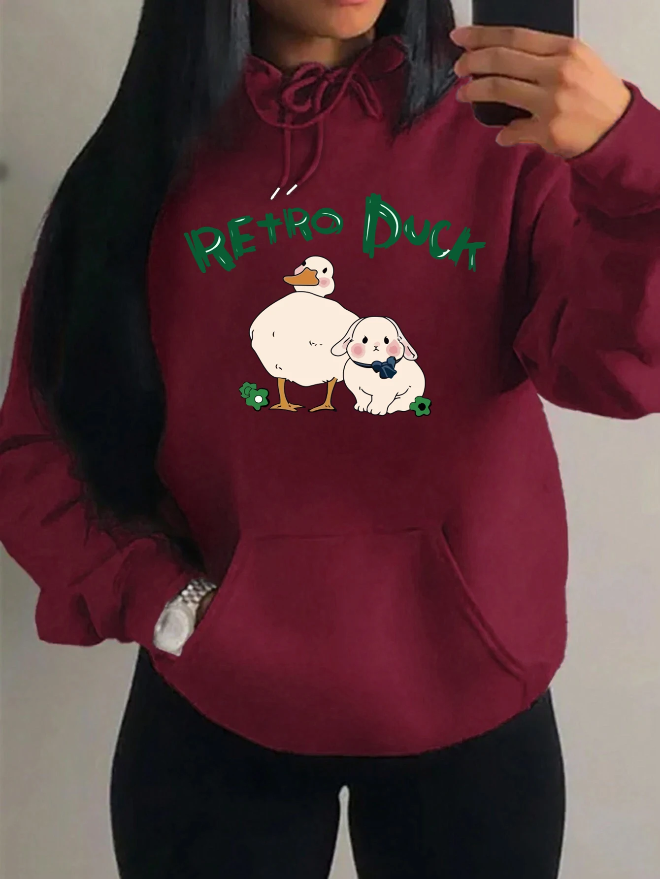 

Cartoon Retro Rabbit Duck Design Streetwear Women Oversize Fleece Hoodies Autumn Hip Hop Hoody All-Match Fashion Clothing