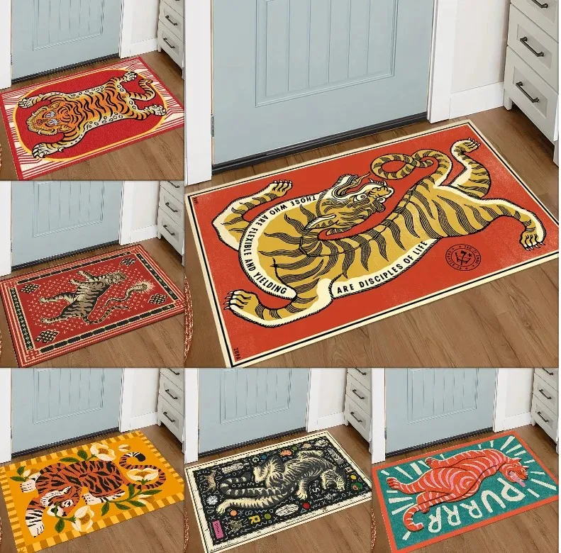VIKAMA Vintage Tiger Print Doormat Retro Animal Illustration Front Entry Rug Non Slip Soft Indoor Bedroom Decor Floor Mat