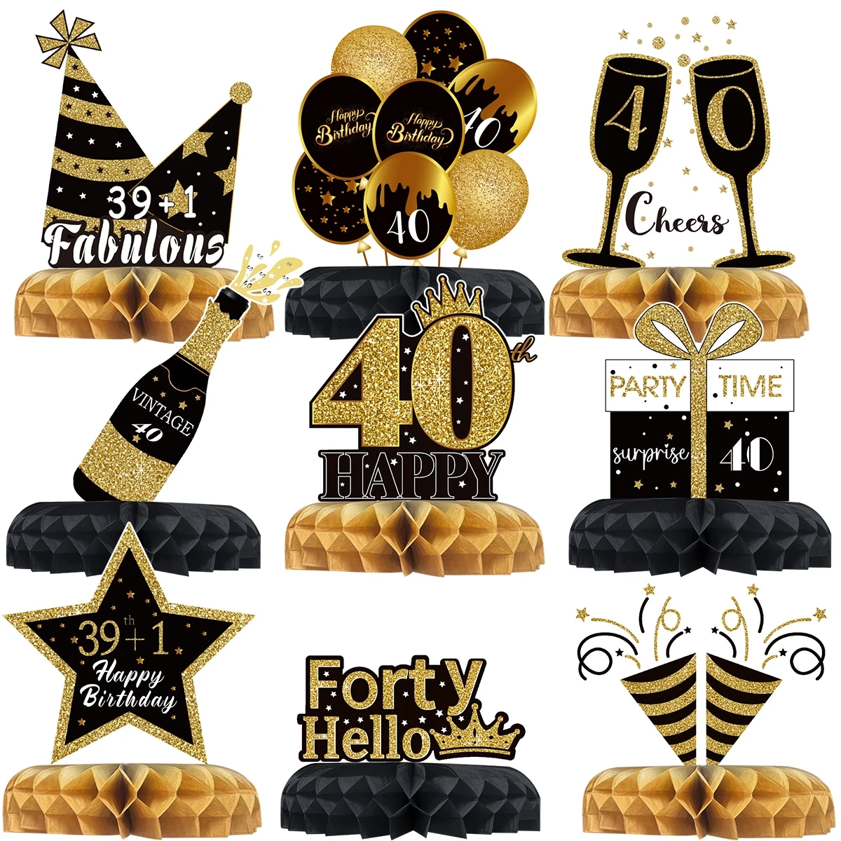 Black Gold Birthday Honeycomb Set Happy 30th 40th 50th Birthday Party Decor Adult 30 40 50 Year Old Birthday Party Supplies