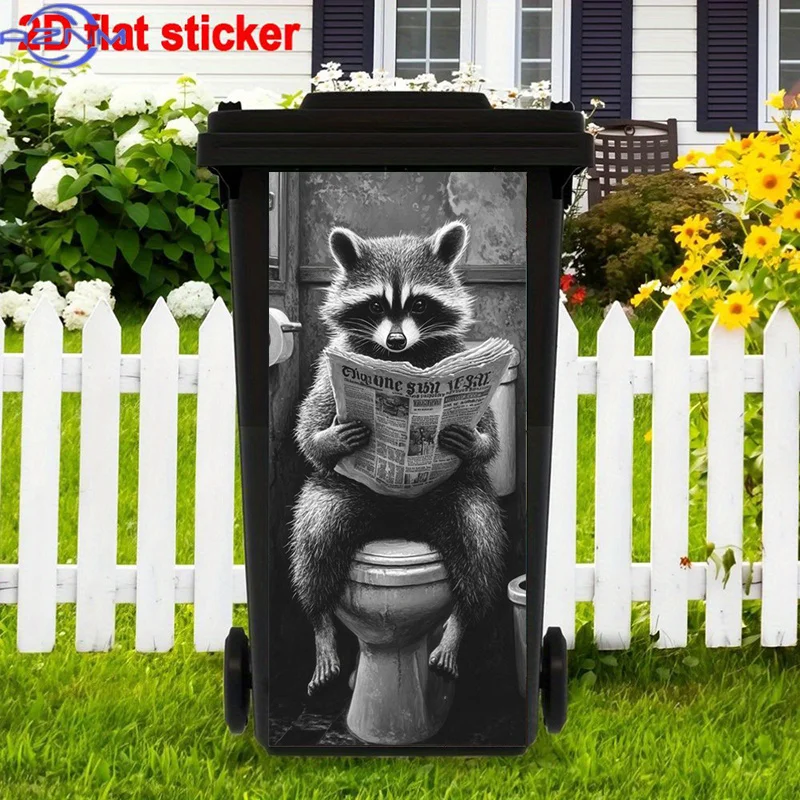 Raccoon Browsing Newspaper Trash Can Sticker | Classic High-Glossy Polyvinyl Decal, Self-Adhesive, Single Use, 12.2X27.5In
