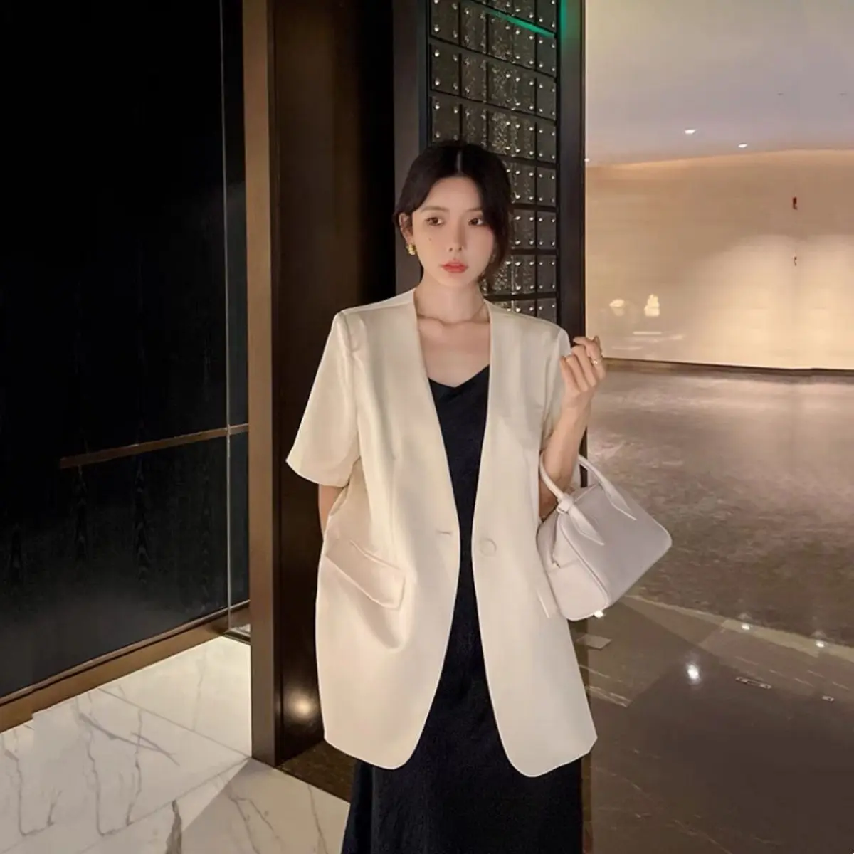 

Женский атласный костюм-жакет Ele из ацетата, свободный, тонкий, летний, новинка, деловой повседневный стиль, однотонный