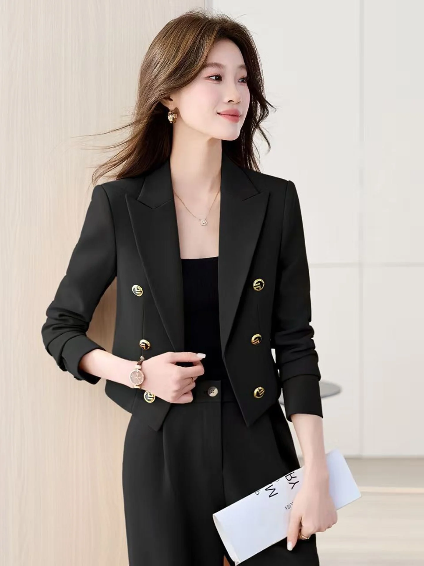 Slim Fit Double Breasted Short Sleeve Women's Suit Jacket Autumn Fashionable Elegant Versatile Long Sleeve Top