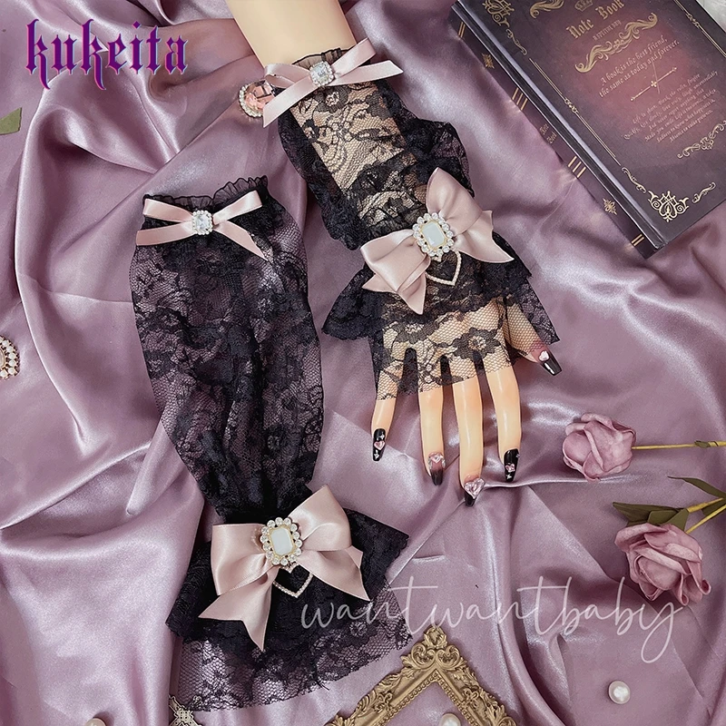 Y2k Aesthetic Gothic Lace Gloves Japanese Lolita Kawaii Bow Mesh Length Sleeves Fingerless Punk Gloves Cosplay Party Accessory